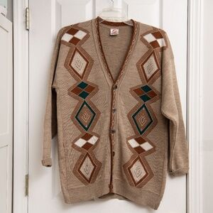 VTG Grandpa Cardigan Sweater Men L Brown Green Geometric Button Up Slouchy Aztec